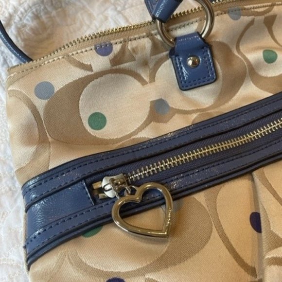 COACH Limited Edition Daisy Dot Print Large Tote Bag Tan Blue Heart EUC - Picture 3 of 7
